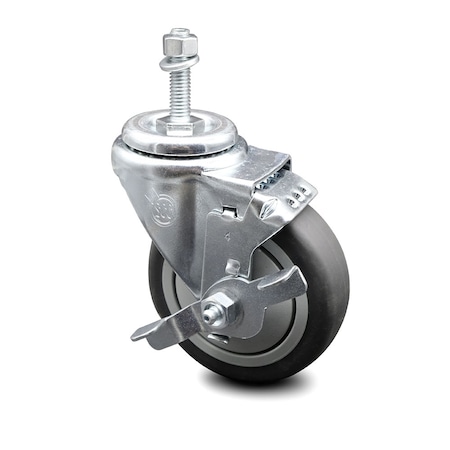 Service Caster 4 Inch Thermoplastic Rubber Swivel 3/8 Inch Threaded Stem Caster with Brake SCC SCC-TS20S414-TPRB-TLB-381615